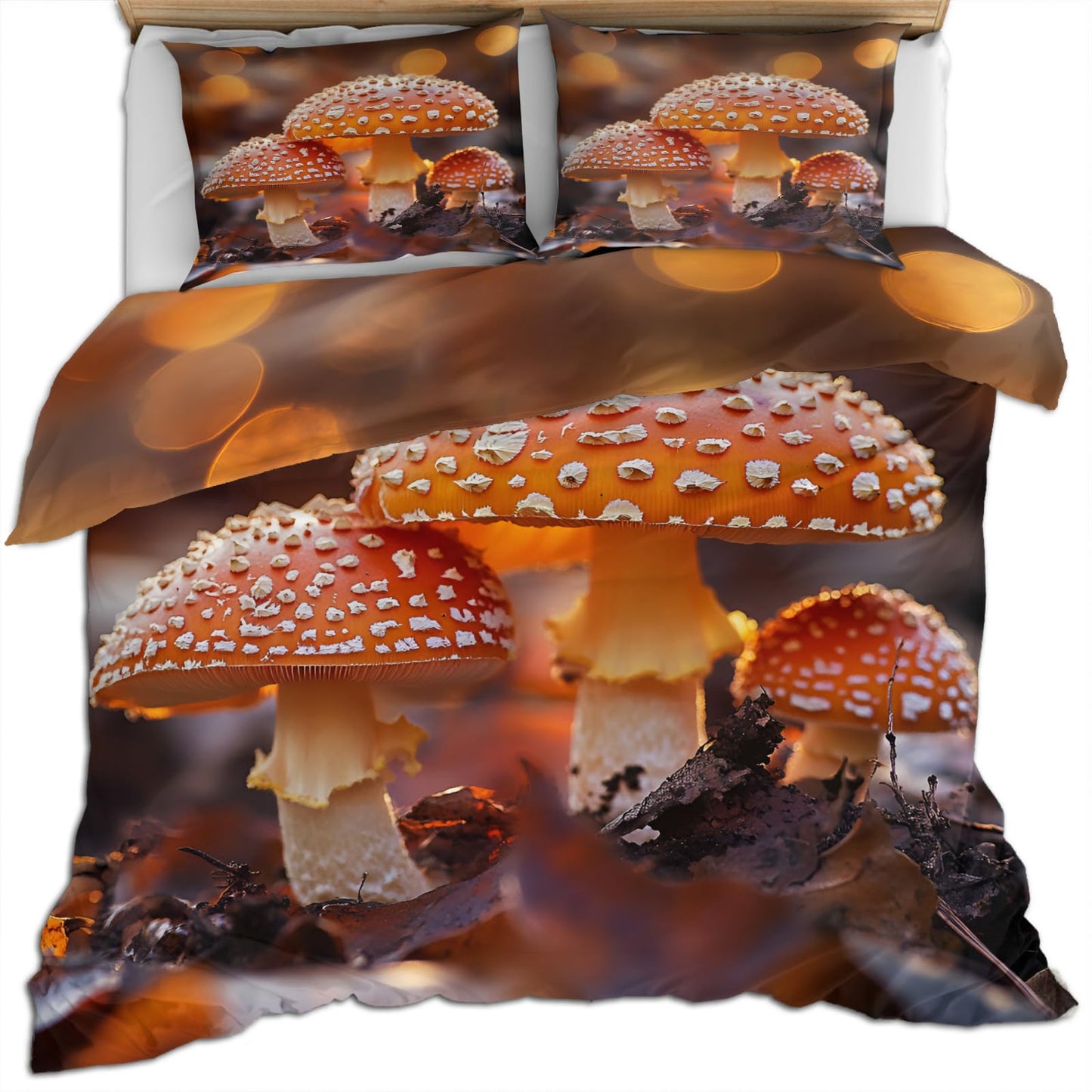 QINYUN Wild Mushroom Duvet Cover King Size, Fantasy Orange Mushrooms Bedding Set 3 Piece Bedroom Decor Autumn Comforter Cover and 2 Pillow Sham with Zipper Closure