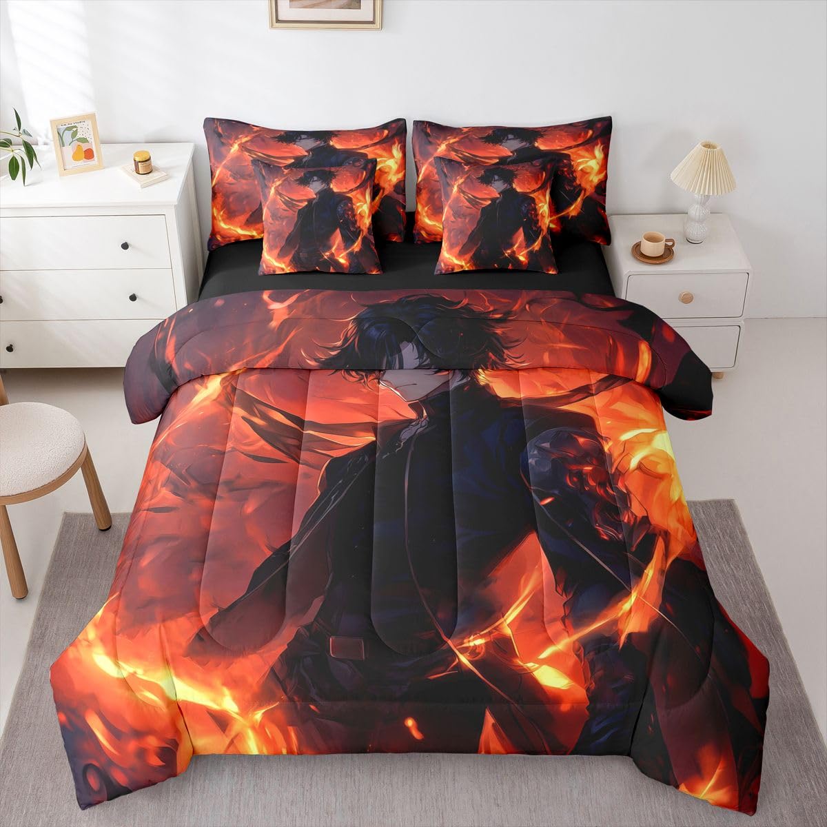 Erosebridal Anime Boy Full Comforter Set 7 Piece,Japanese Anime Bedding Set with Sheets for Boys Teen Kids,Gaming Gamer Bed Set with Fitted Sheet,Flat Sheet,Pillowcases,Throw Pillow Covers
