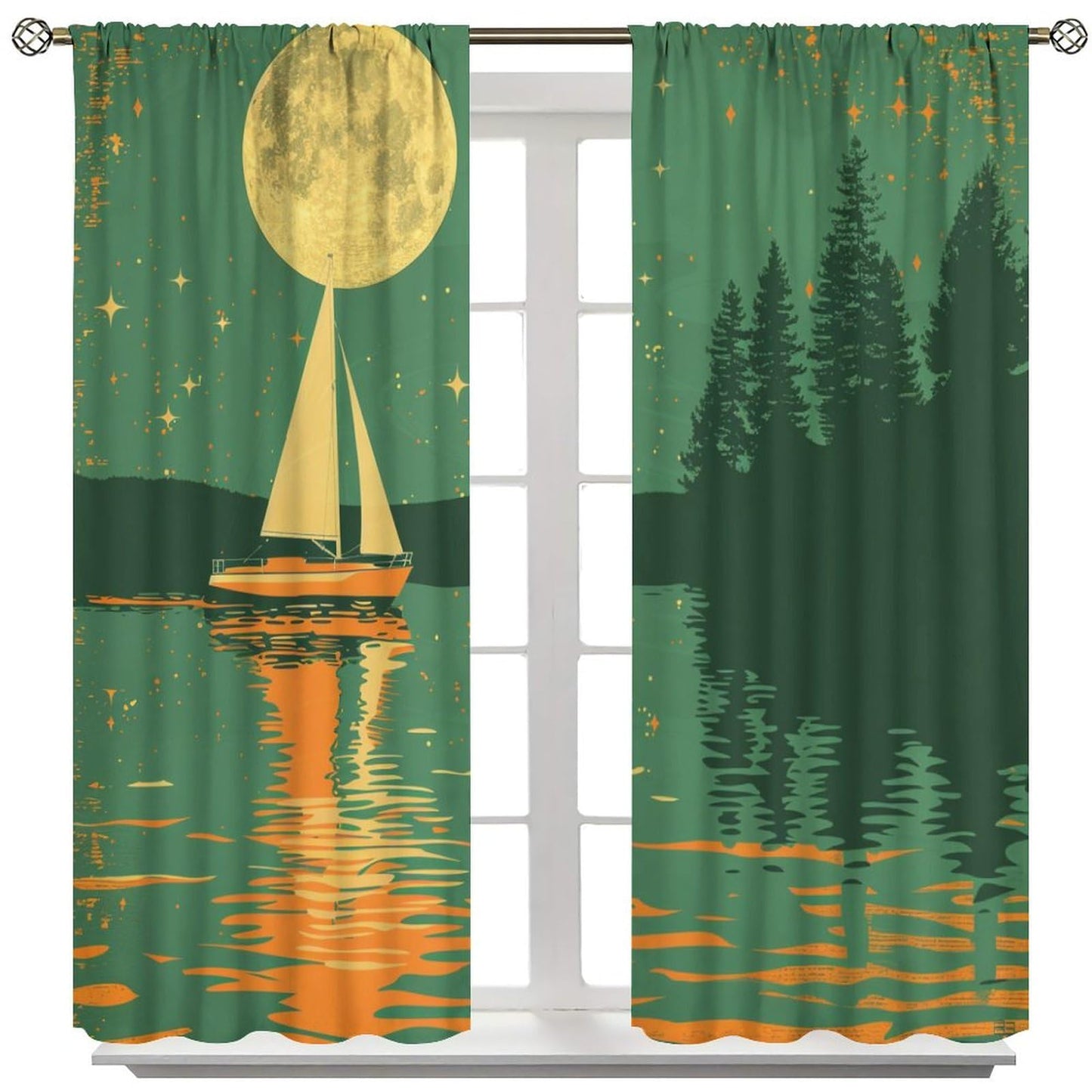 TOWINSFB Nautical Sailboat Moon Blackout Curtains for Living Room Bedroom, Fantasy Star River Ship Forest Window Curtains Rod Pocket Thermal Insulated Window Drapes, 2 Panels, Each 21" W x 45" L