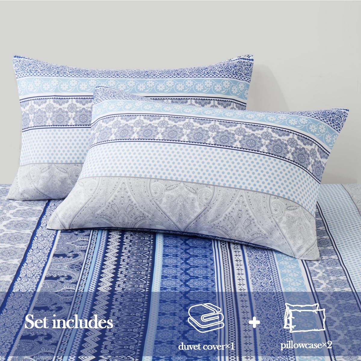 Bed pomu Duvet Cover Set – Soft & Breathable Microfiber Bedding, All Season Comforter Cover with Zipper Closure & Corner Ties, 3 Piece Set (Queen (U.S. Standard), Blue Tribal Stripe)