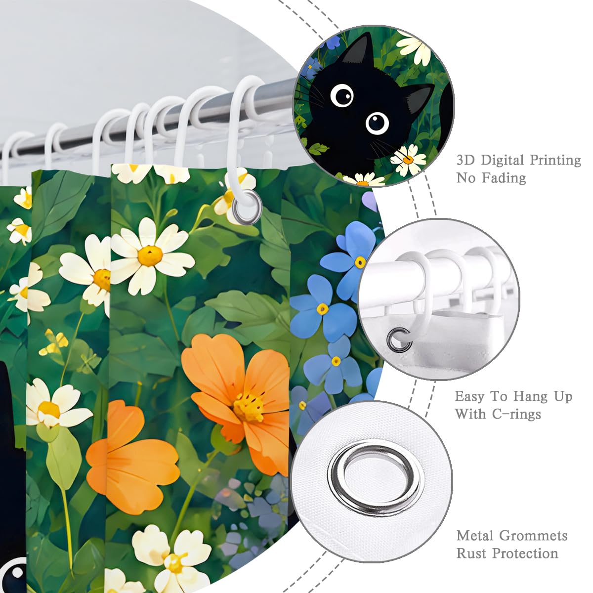 BIYSUC Cute Cat Shower Curtain Funny Boho Floral Daisy Flower Fun Kitten Animal Wildflower Farmhouse Bathroom Waterproof Polyester Fabric 72Lx72W Inch with Hooks