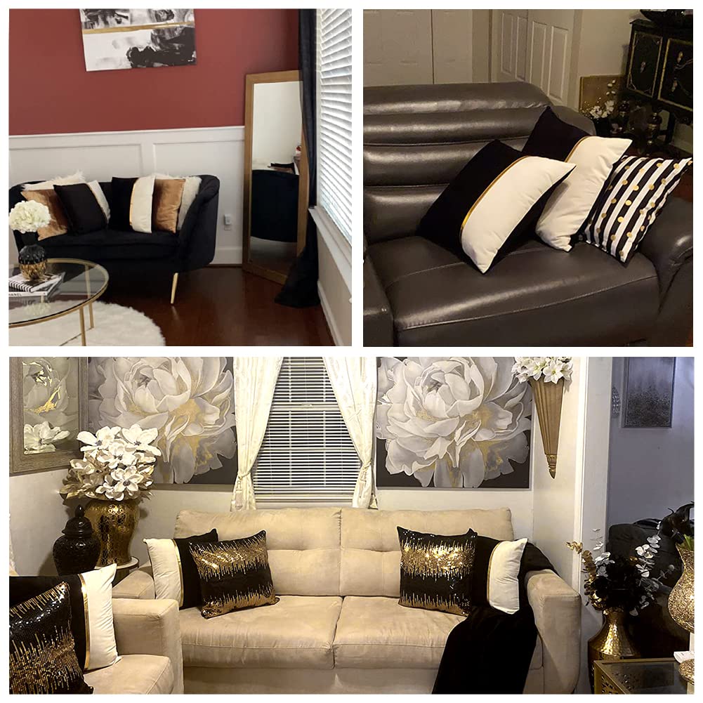 Fancy Homi 4 Packs Black Decorative Throw Pillow Covers 18x18 Inch for Living Room Couch Bed Sofa, Black and White Velvet Patchwork with Gold Leather, Luxury Home Decor Square Cushion Case 45x45 cm