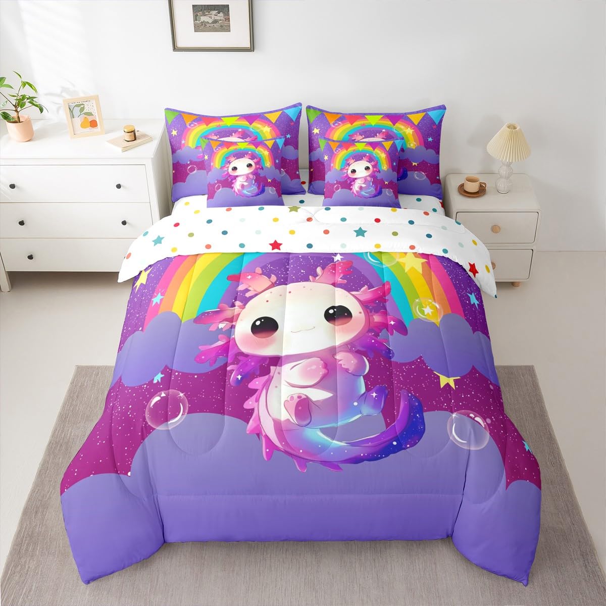 Erosebridal Girls Axolotl Queen Comforter Set Kids Cute Rainbow Axolotl Bed in a Bag with Flat and Fitted Sheet Kids Cartoon Kawaii 7-Piece Bedding Set Galaxy Stars Fantasy Quilt Duvet Sets,Purple