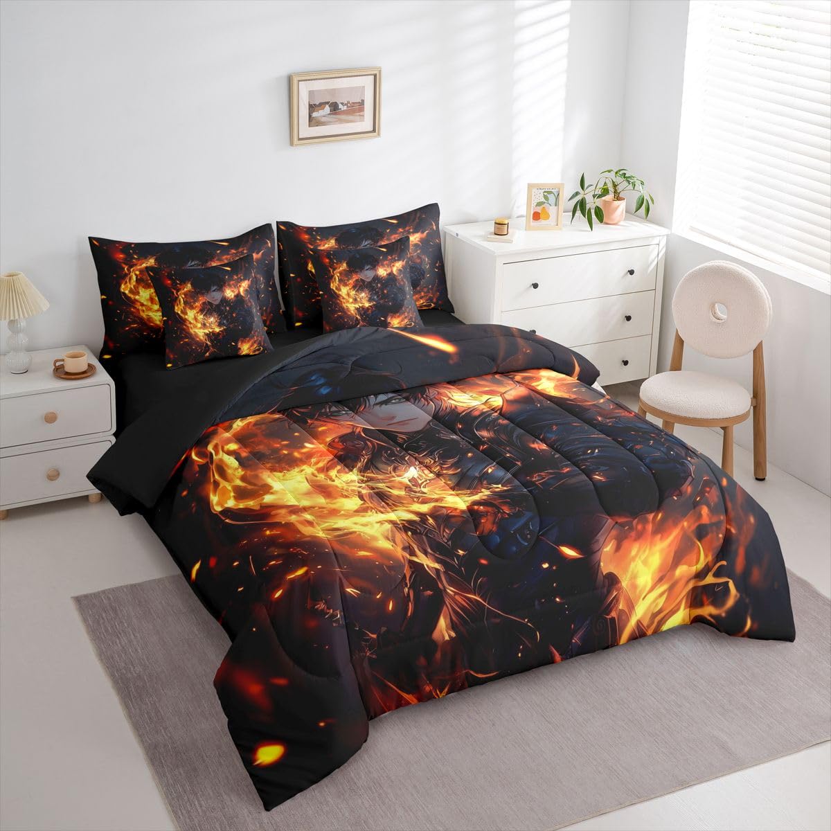 Erosebridal Japanese Anime Full Bedding Set,Anime Boy Comforter Set for Boys Kids Teens Gamer Gaming Room Decor,Video Game Style Bed Set 7 Piece with Fitted Sheet,Flat Sheet,Pillowcases