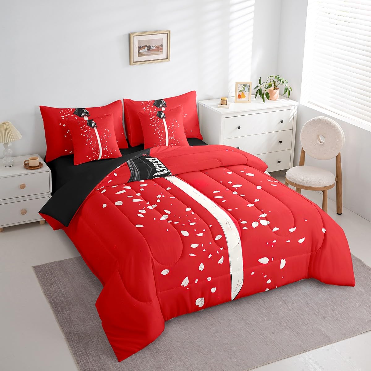 Erosebridal Cherry Blossom Petals Comforter Set Twin,Samurai Sword Bedding Set 7Pcs for Kids Boys Men,Red White Flower Floral Bed in a Bag