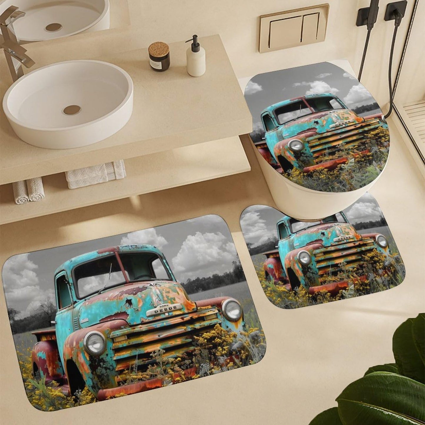 FOCCAFB 4 Piece Abstract Old Truck Shower Curtain Set with Rugs, Vintage Country Field Green Car Include Bathroom Non-Slip Floor Mat, U-Shaped Bath Rug and Toilet Cover Lid with 12 Hooks