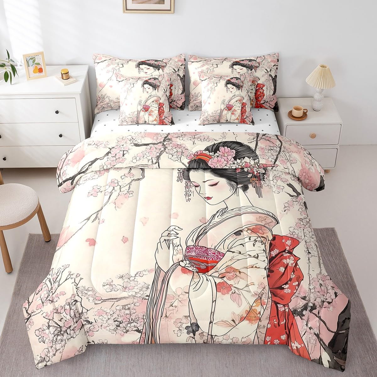 Feelyou Kids Japanese Geisha Comforter Set Twin Size 7 Pieces Cherry Blossoms Bedding Set Japanese Style Japanese Tradition Aesthetic Bed in a Bag with Comforter, Sheets, Pillowcases & Cushion Cover