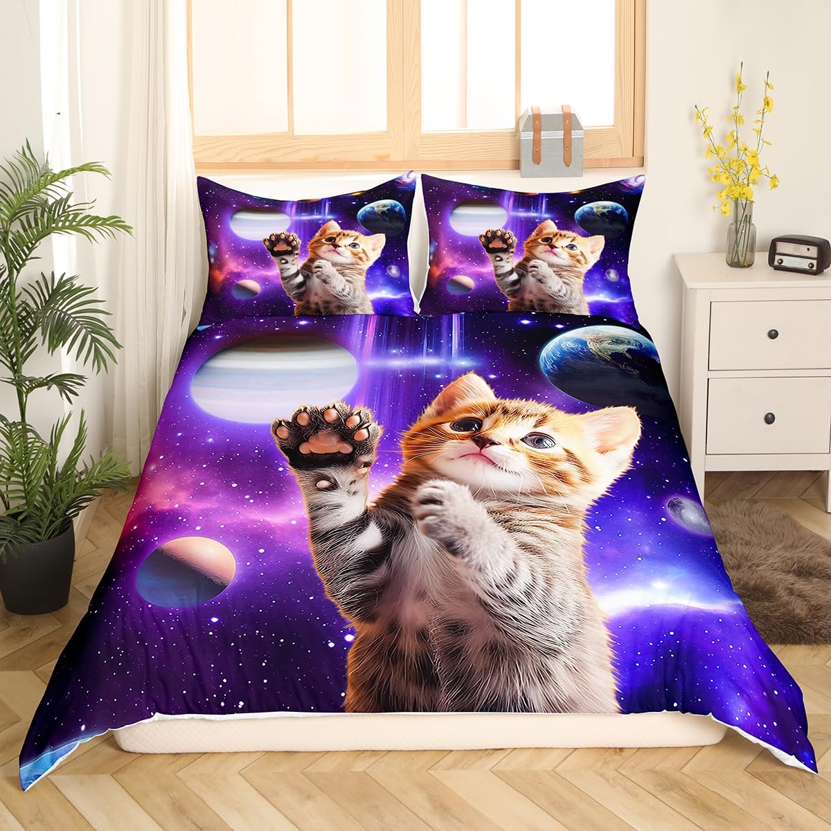 Feelyou Galaxy Cat Duvet Cover Set Universe Galaxy Bedding Set for Kids Boys Girls Cute Kitten Printed Comforter Cover Outer Space Planets Quilt Cover Bedroom Collection 3Pcs Full Size