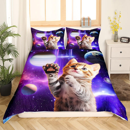 Feelyou Galaxy Cat Duvet Cover Set Universe Galaxy Bedding Set for Kids Boys Girls Cute Kitten Printed Comforter Cover Outer Space Planets Quilt Cover Bedroom Collection 3Pcs Full Size