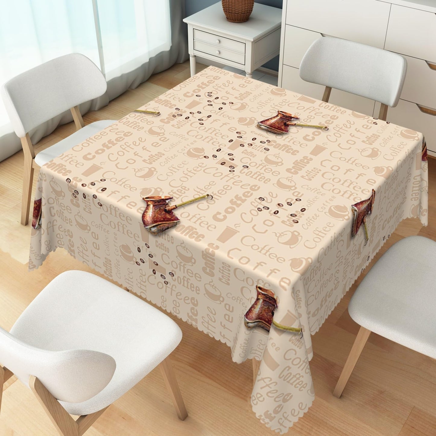 TTQYFNM 48x48inches Coffee Themed Square Tablecloth Brown Coffee Pot Beans Print Decorative Table Cover Wipeable and Spillproof Fabric Table Cloth for Cafe Kitchen Dining Room Picnic Home Decor