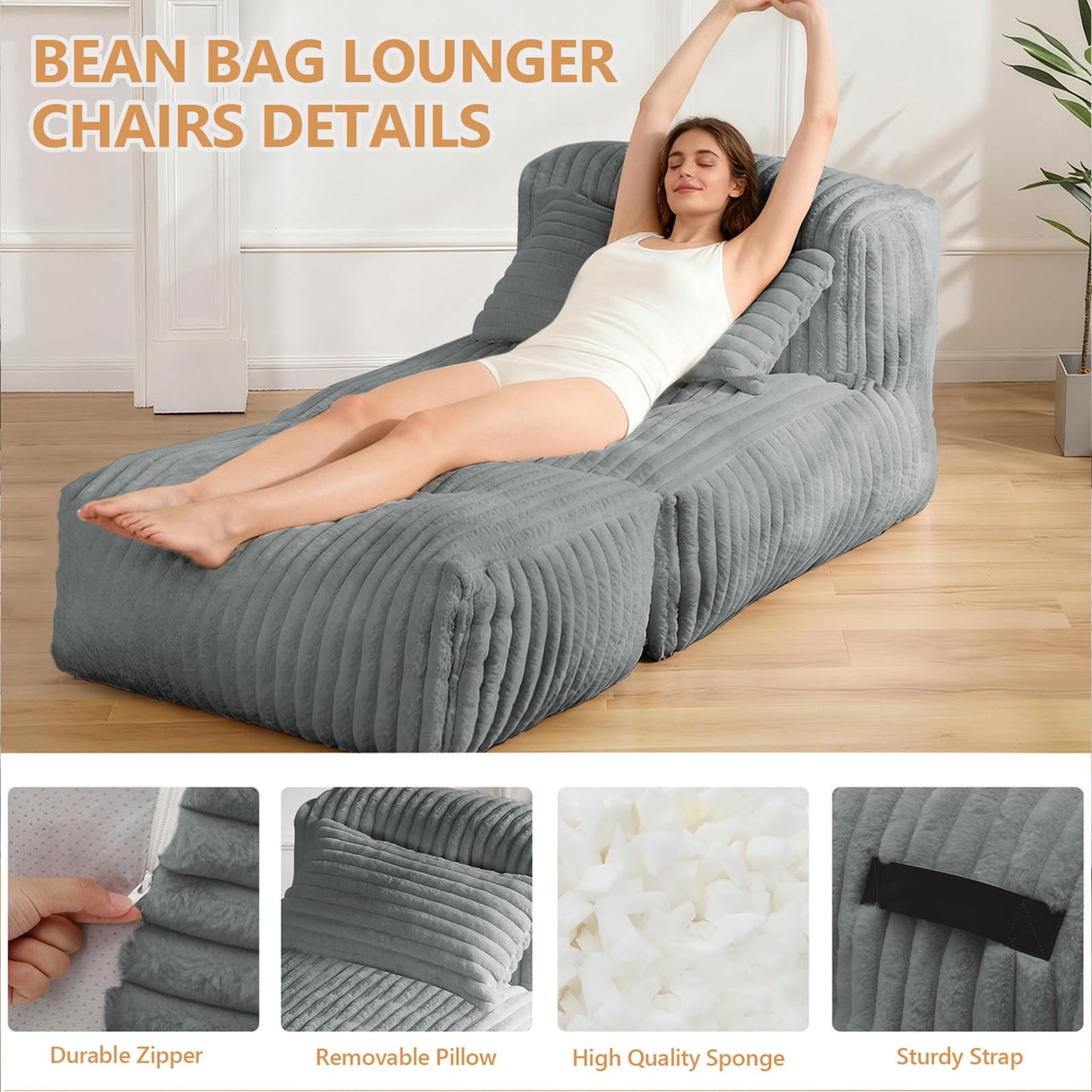 Big Bean Bag Lounger Sofa with Pillow, Large Bean Bag Chairs for Adults, Oversized Beanbag Sofa, Comfy Bean Bag Couch with Memory Foam Filled for Living Room, Bedroom, Gray