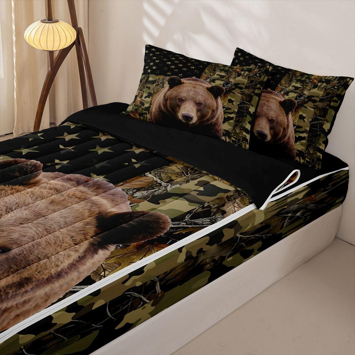 jejeloiu Bear Hunting Camo Zipper Bedding Sets for Kids Boys Girls Rustic Western Bear Twin Comforter Set with Fitted Sheet Green Camouflage Bedroom Decor Microfiber with 2 Pillow Cases