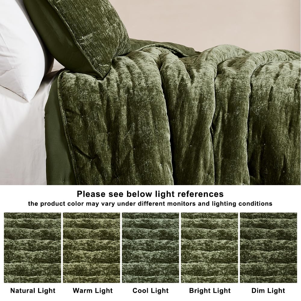 WDCOZY Chenille Velvet Queen Size Quilt Set - Olive Green Cloud Soft Lightweight Bedspread, Deep Forest Green Farmhouse Country Rustic Coverlet, Modern Bedding Warm Thin Comforter, 3 Pieces