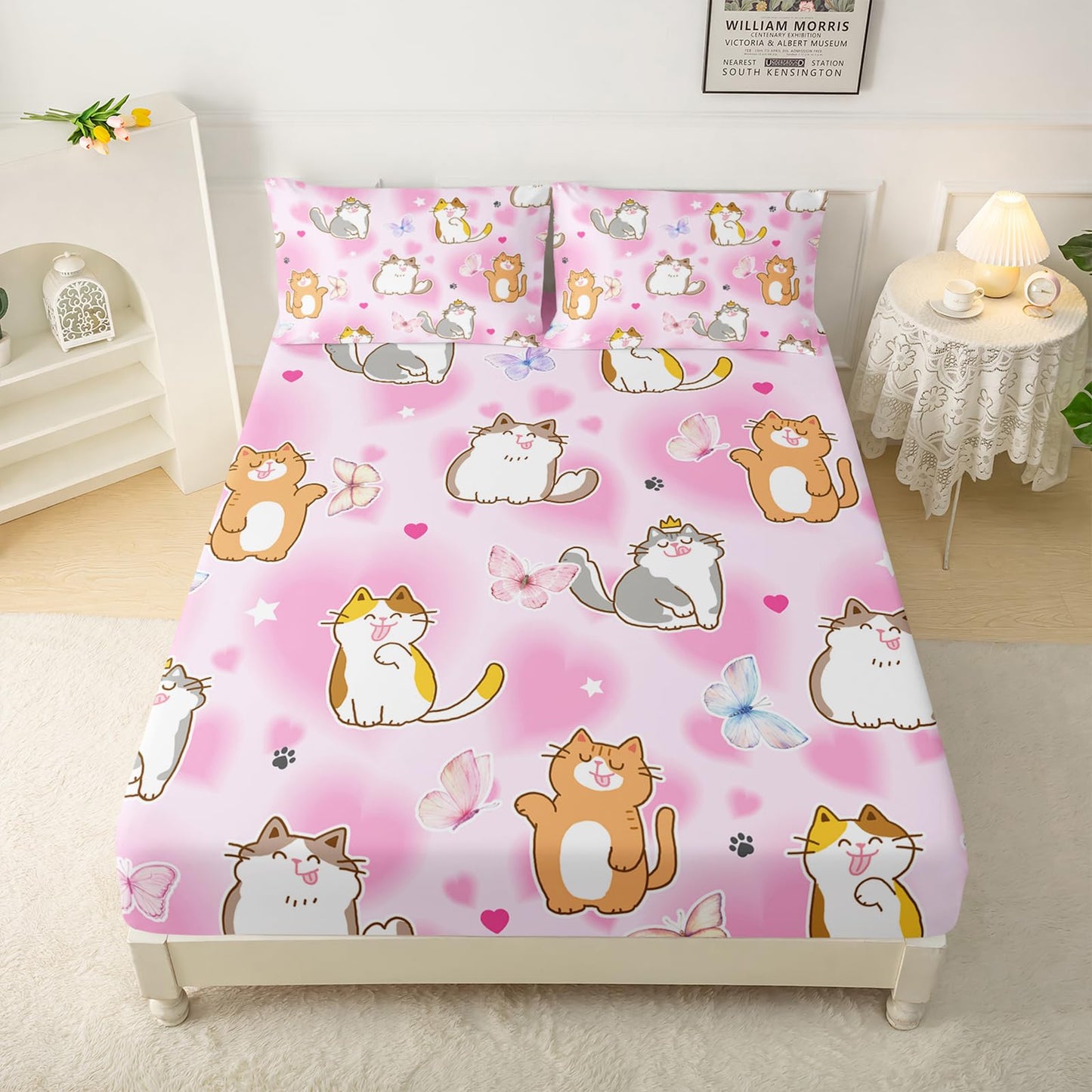 QOOMO Kawaii Cat Kids Bed Sheets Twin Size,Cute Kitten Print Bedding Sheet Set,4Pcs Cartoon Animal Deep Pocket Bed Sets with 1 Fitted Sheet 1 Flat Sheet 2 Pillowcases for Boys Girls Teens