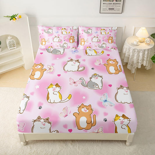 QOOMO Kawaii Cat Kids Bed Sheets Twin Size,Cute Kitten Print Bedding Sheet Set,4Pcs Cartoon Animal Deep Pocket Bed Sets with 1 Fitted Sheet 1 Flat Sheet 2 Pillowcases for Boys Girls Teens