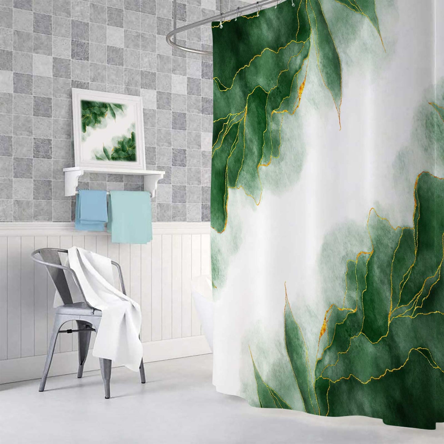 MERCHR Green and Gold Marble Shower Curtain, Dark Emerald Sage Hunter Olive Green Fabric Shower Curtains Set for Bathroom, Modern Golden White Restroom Decor Accessories with Hooks 72X 72 Inch
