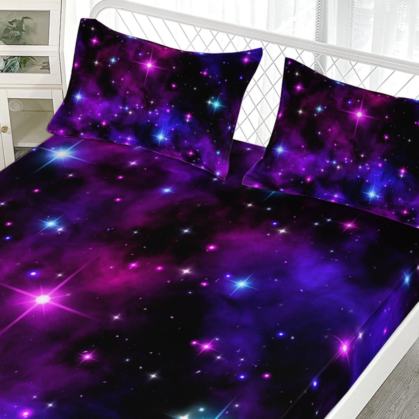 AILONEN Galaxy Fitted Sheet Set Twin XL Size, Outer Space Starry Sky Bedding Set for Kids Boys,Purple Theme Bed Sheet Set for All Season,3-Pieces,1 Fitted Sheet and 2 Pillowcases,Soft