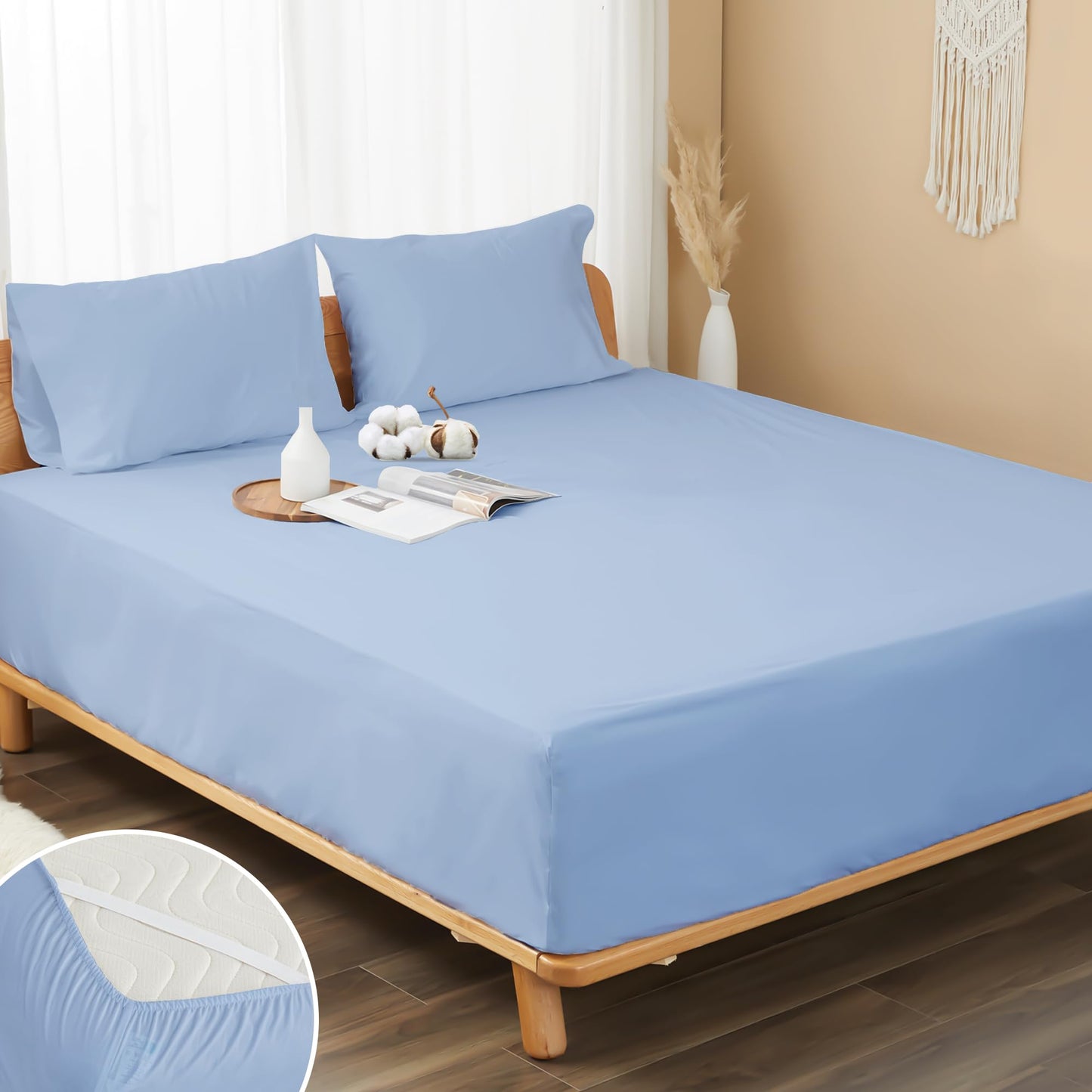 HOMTEC 100% Cotton Percale Fitted Sheet California King Size, 8-15" Deep Pocket Cooling Bottom Sheet, Breathable Soft & Crisp Fitted Sheet Only with 4 Corner Straps (Cal King, Placid Blue)