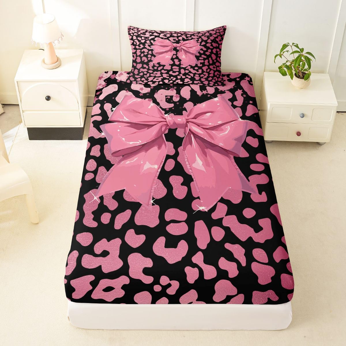 jejeloiu Cute Leopard Bow Fitted Sheet Twin Size for Kids Boys Girls Black Pink Bowknot Bed Sheets Set 16" Deep Pocket Dreamy Princess Style Bedding with 1 Pillowcase Room Decor
