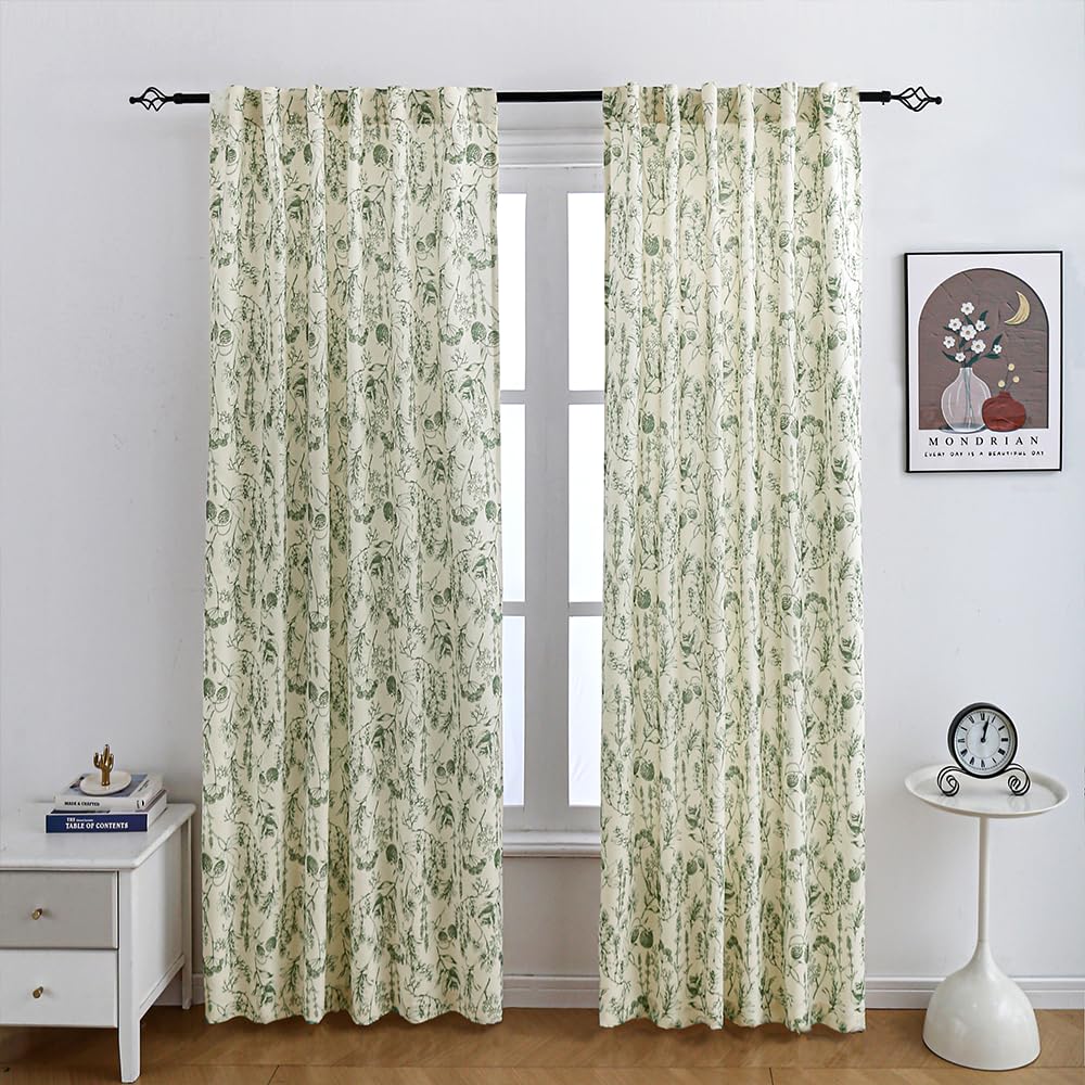 Autum Dream Blackout Curtains 2 Panels Chenille Curtains Drapes for Bedroom Back Tab Rod Pocket Poppy Floral Farmhouse Curtains for Living Room, Patio Doors,Green Floral, 52" W x 84" L