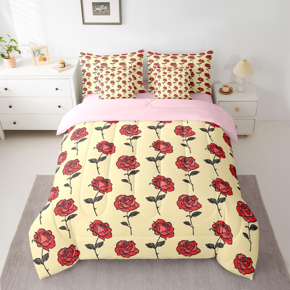 Erosebridal Flower 7 Piece Bedding Set Twin Rose Comforter Set with Sheets Simple Line Drawing Florals Romantic for Kids Boys Girls Red Roses Farmhouse Botanical Bed in a Bag