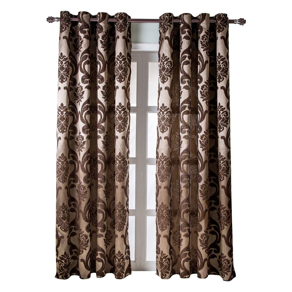 NAPEARL Brown Curtains for Living Room, Jacquard Curtain Drapes for Windows 84 Inch Length, Grommet Damask Curtains for Bedroom (2 Panels, Each 52 x 84 Inches)