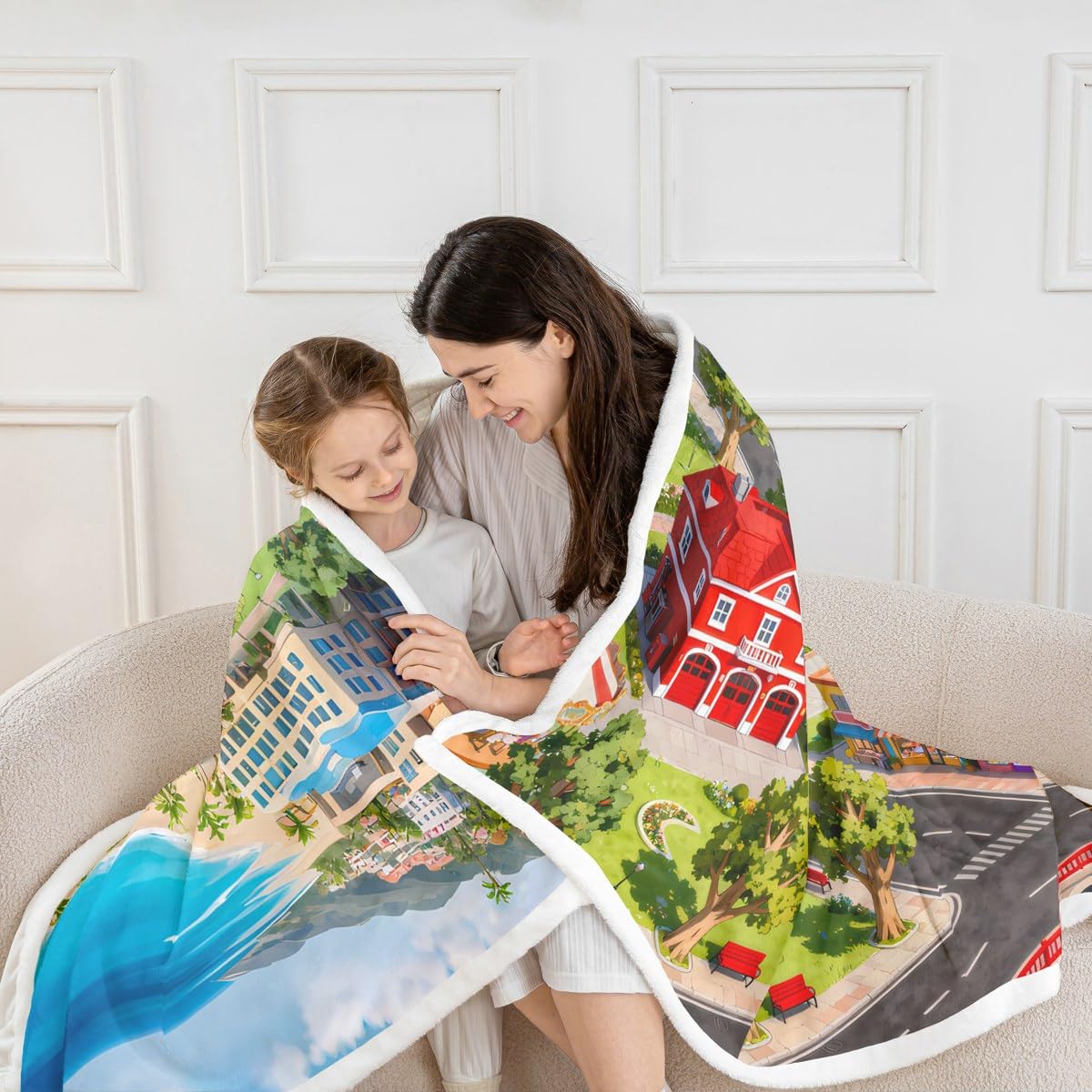 Erosebridal Kids Fleece Blanket City Life House Sherpa Blanket 50"x60" | 3D Cityscape Fun Educational Gift Urban Landscape Fuzzy Plush Throw