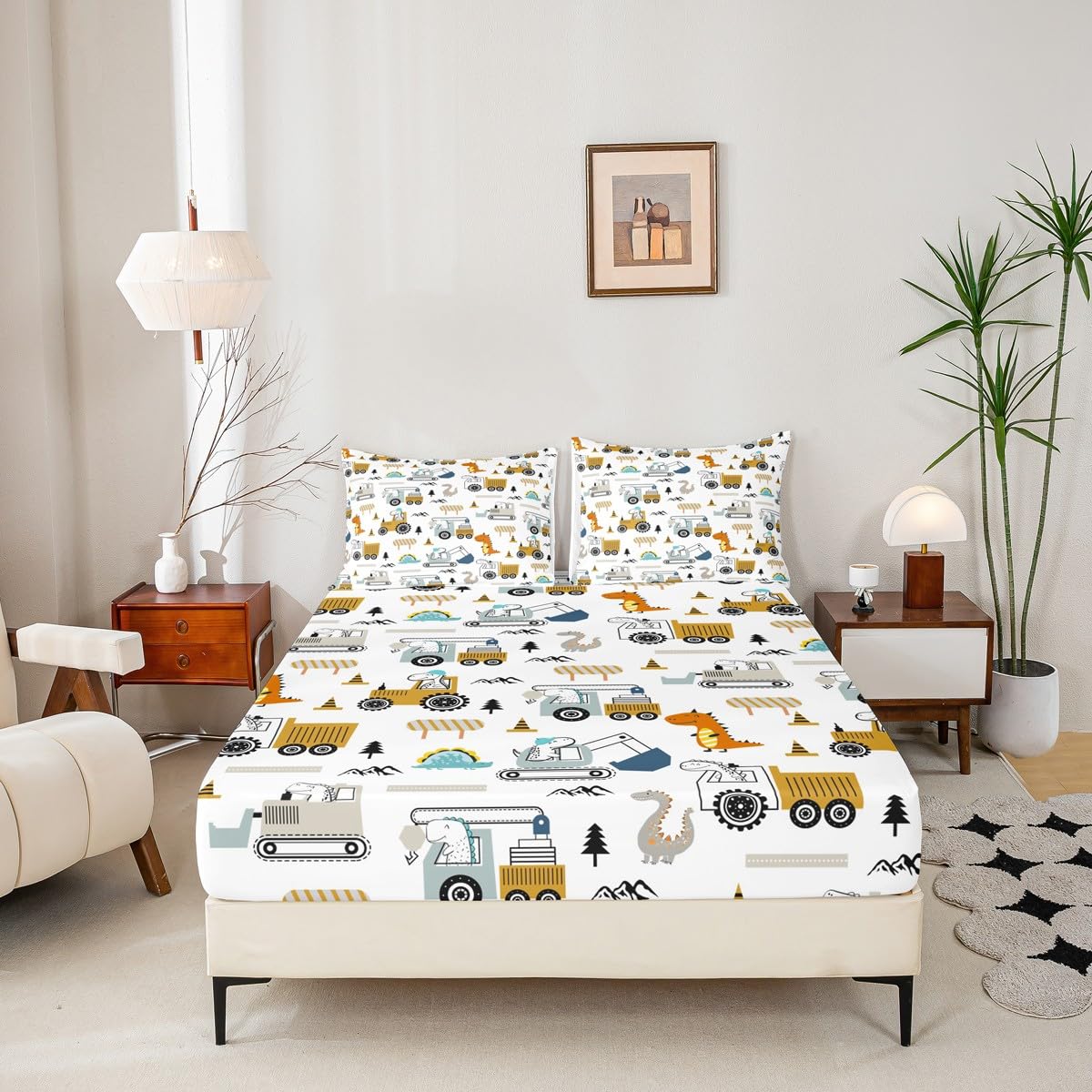 Feelyou Construction Bed Sheets Set Full Size Equipment Trucks Sheet Set for Kids Boys Girls Decor Dinosaur Sheets with Deep Pocket Fitted Sheet 3D Digital Print Yellow Bedding Set Bedroom