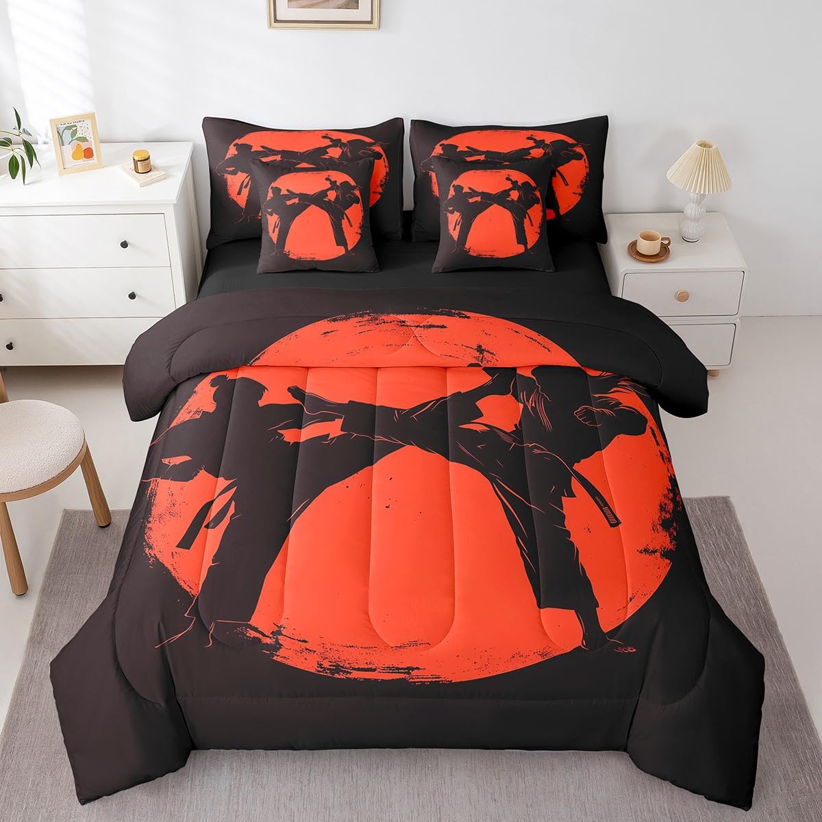 Feelyou Kids Taekwondo Comforter Set Full Size 7 Pieces Boys Girls Kungfu Bedding Set Martial Art Japanese Sports Japanese Style Bed in a Bag with Comforter, Sheets, Pillowcases & Cushion Cover