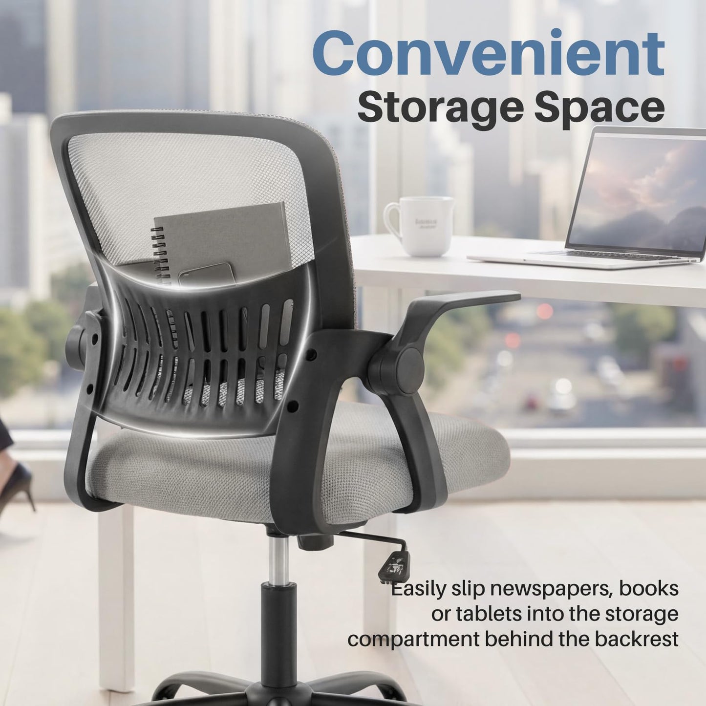 DUMOS Home Office Desk Chair - Ergonomic Computer Mesh Chair with Lumbar Support & Rocking Mode, Height Adjustable with Flip-up Armrest, for Conference, Meeting Room, 360° Swivel, Adults, Grey