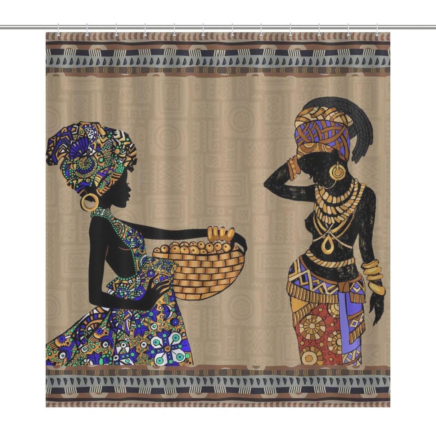 African Shower Curtain, Tribal Black Woman Bathroom Curtain Set, 72"x72"