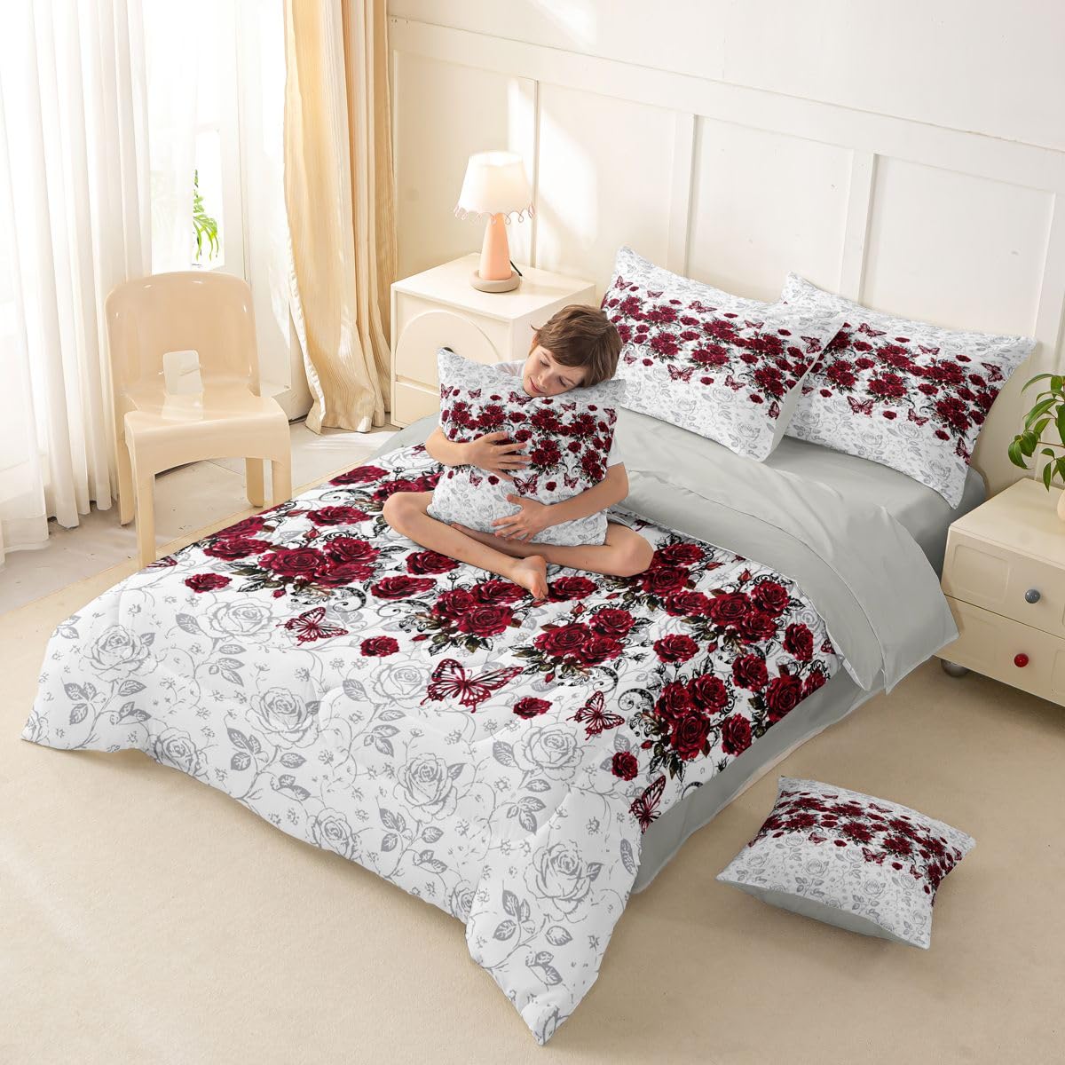 Feelyou Red Rose 7 Piece Bedding Set Floral Flower Comforter Set with Sheets for Kids Boys Girls Jacquard Damask Bed in a Bag Butterfly Print Bed Set Soft Lightweight