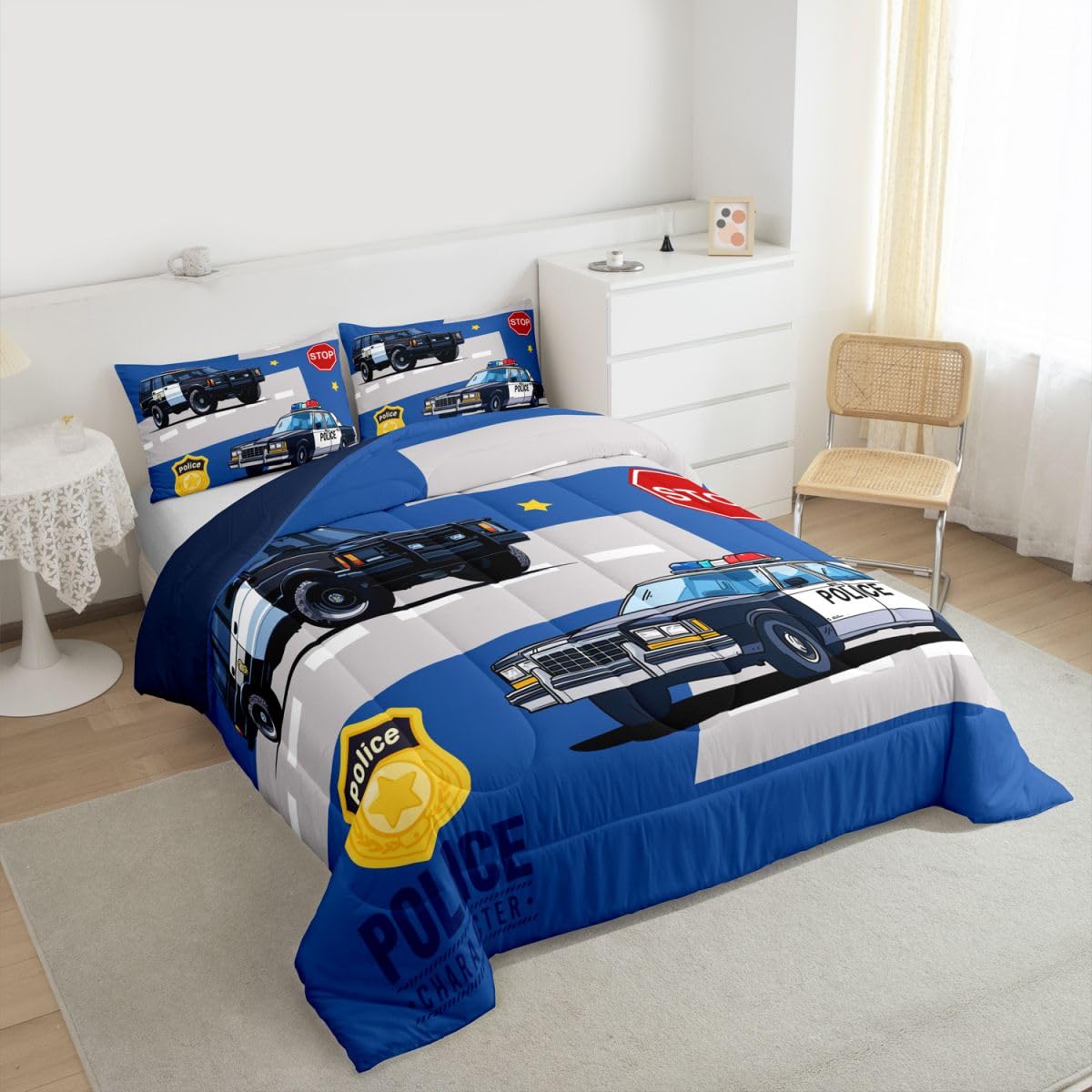Erosebridal Police Car Comforter Set for Kids Twin Size, Cartoon Policeman Bedding Set for Boys Teens, Vehicle Comforter, Badge Quilt Duvet Set 1 Pillowcase Blue Grey