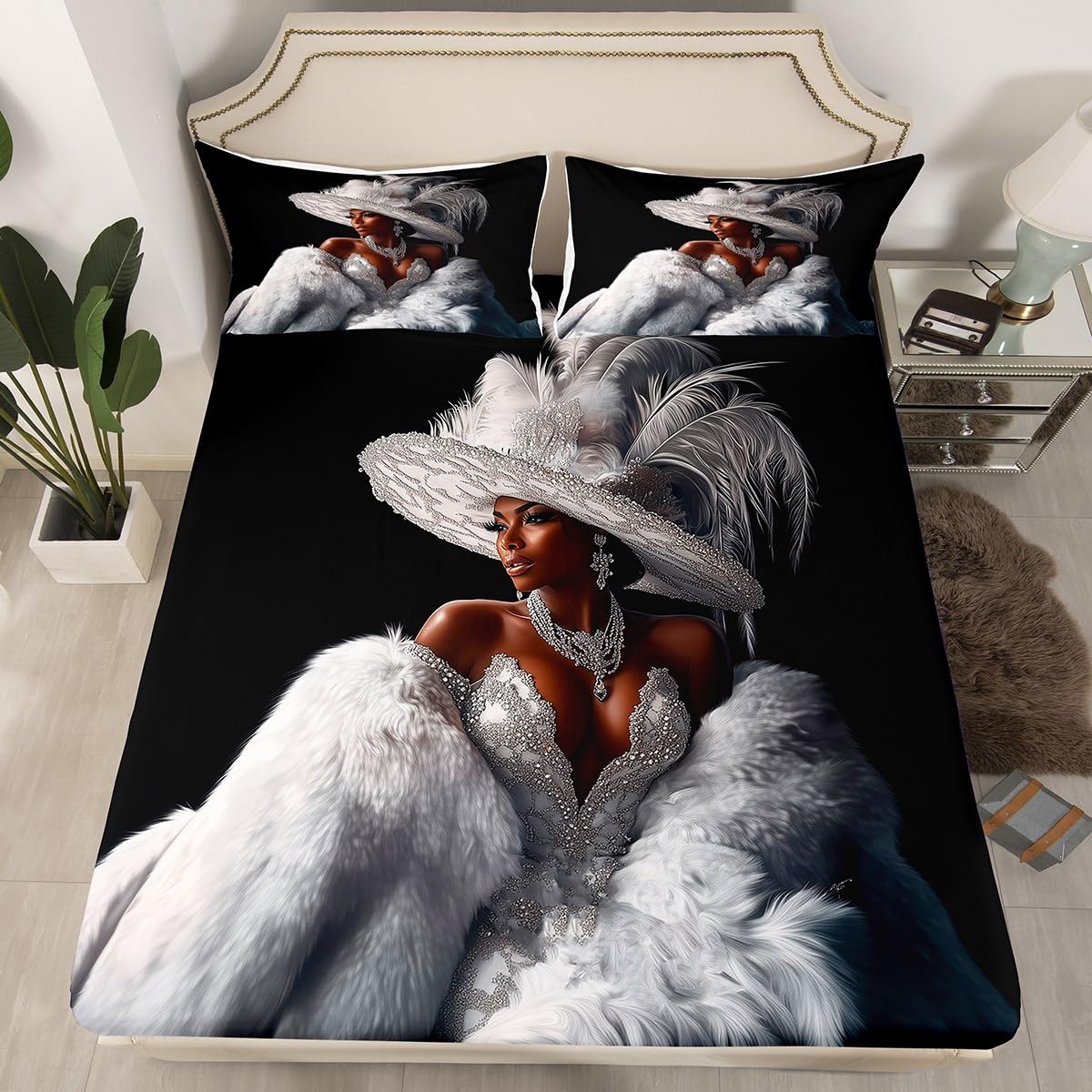 Erosebridal Black Girl Bed Sheets King Size Modern Trendy Grey Silver Sheet Set for Girls Teens Women African American Fashion Dress Bedding Set Diamond Print Aesthetic Elegant Sheets