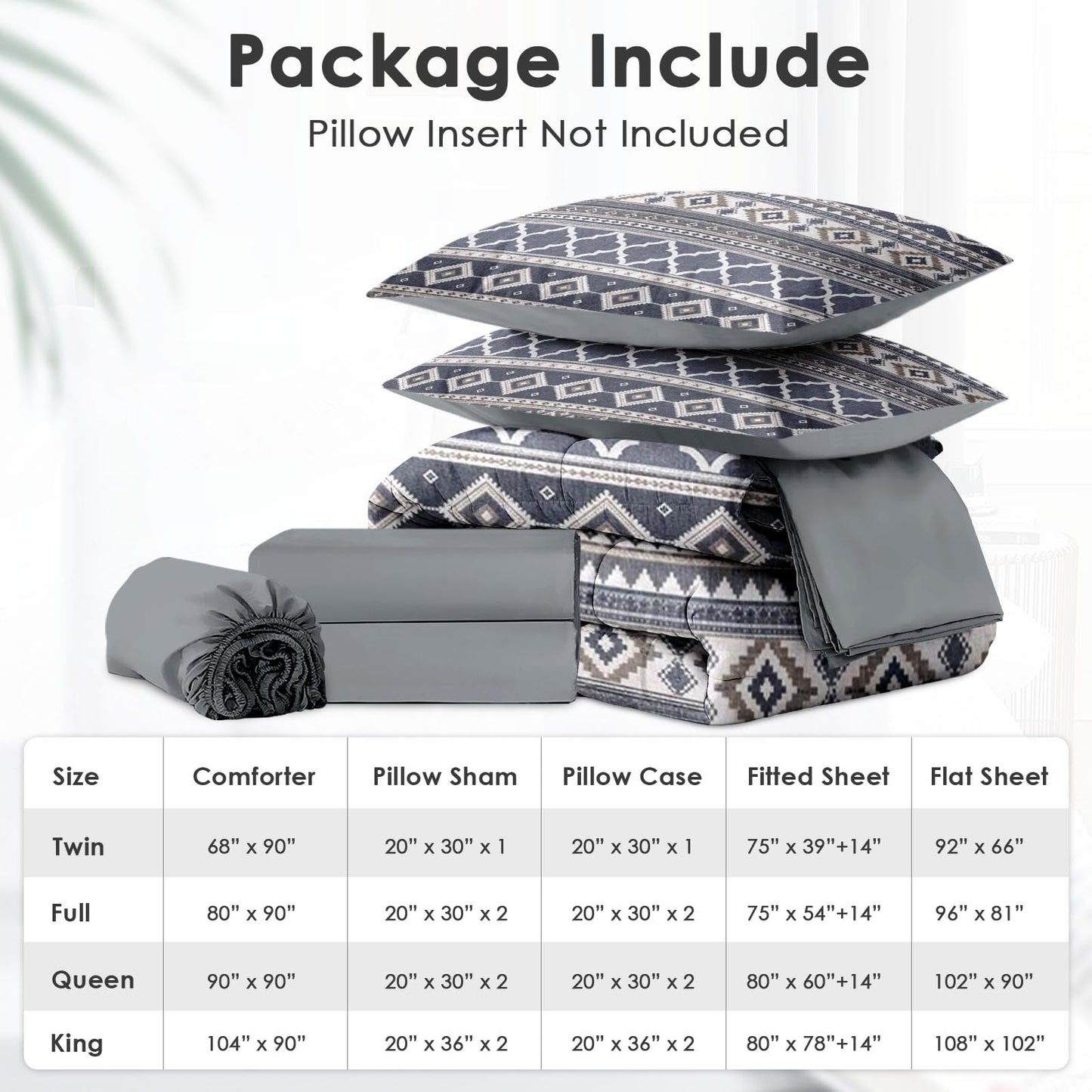 Boewywh Comforter Set Twin Size Boho Aztec Geometric 7 Pcs, Bedding for Kids and Adults, Southwestern Grey Bed Sheet Sets with Fitted Sheet 2 Pillowcases & 2 Shams for Bedroom Bed Decor