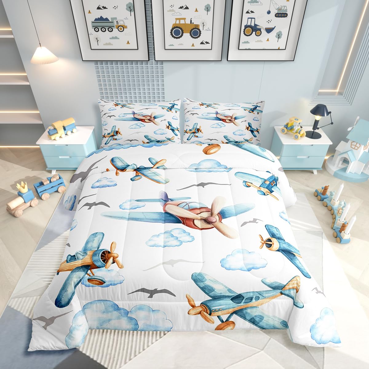 Erosebridal Boys Cartoon Propeller Plane Full Comforter Set, Aircraft Airplane Bedding Set, Blue Clouds Comforter for Kids Child Girls Adults Bedroom, Flying Birds Animals Duvet Insert