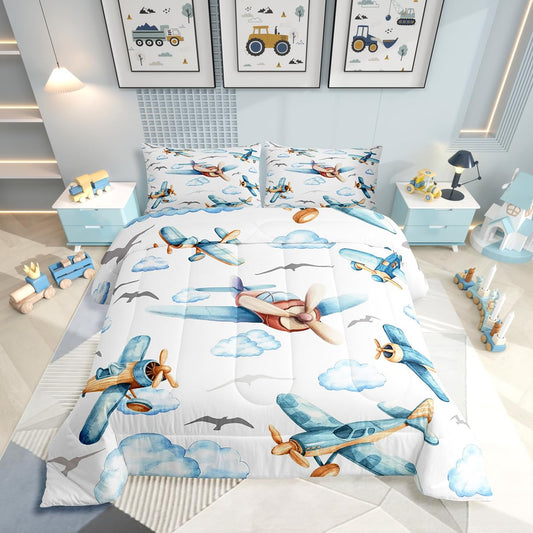 Erosebridal Boys Cartoon Propeller Plane Full Comforter Set, Aircraft Airplane Bedding Set, Blue Clouds Comforter for Kids Child Girls Adults Bedroom, Flying Birds Animals Duvet Insert