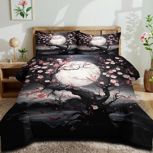 CCoutueChen Japanese Style Cherry Blossom Comforter Set King Pink Cherry Blossoms Bedding Black Floral Bedding Set 3Pcs Oriental Comforter Asian Art Decorative Bedding Comforter Set for All Season