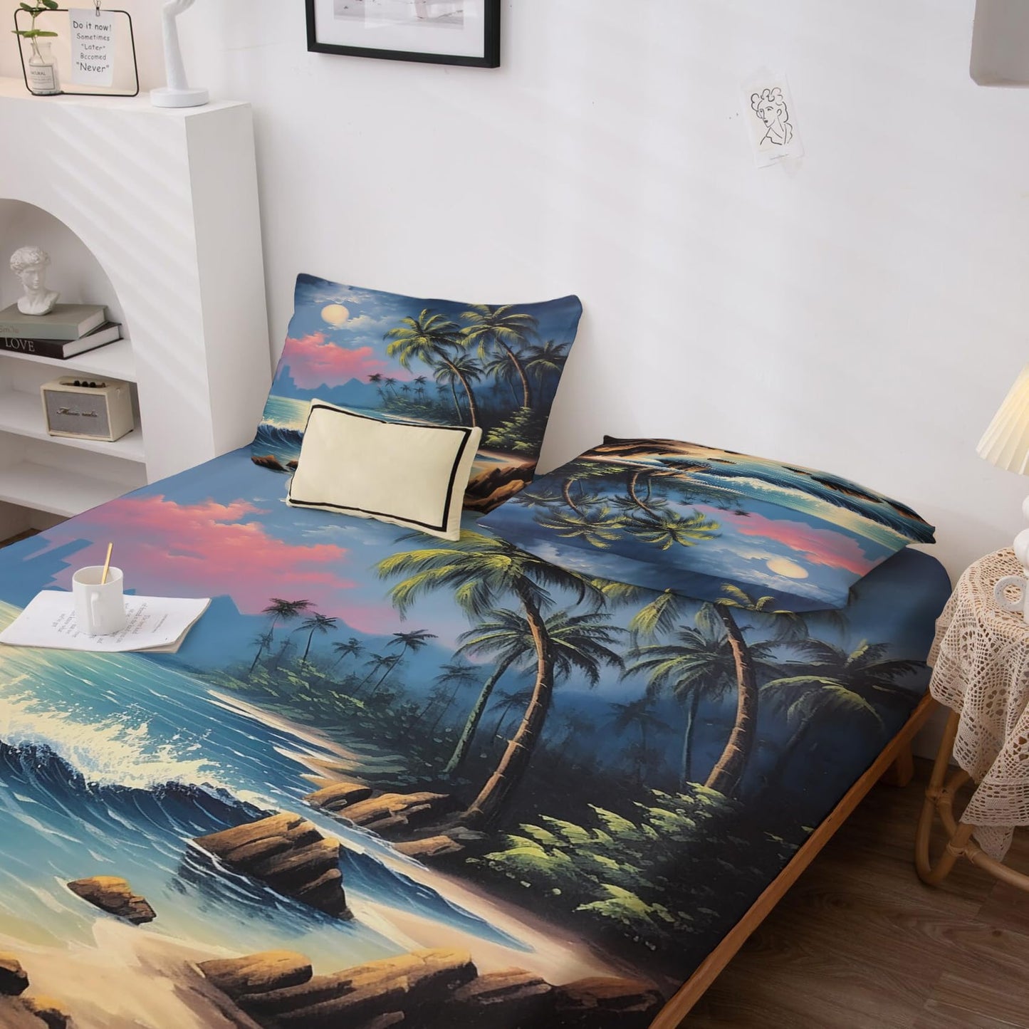 THYUNQ Hawaiian Split King Sheets Sets for Adjustable Bed, Tropical Palm Tree Beach Pattern Sheet Set - 16 Inch Deep Pocket, Super Soft Microfiber Printed Bedding Sheets & Pillowcases 5 Piece