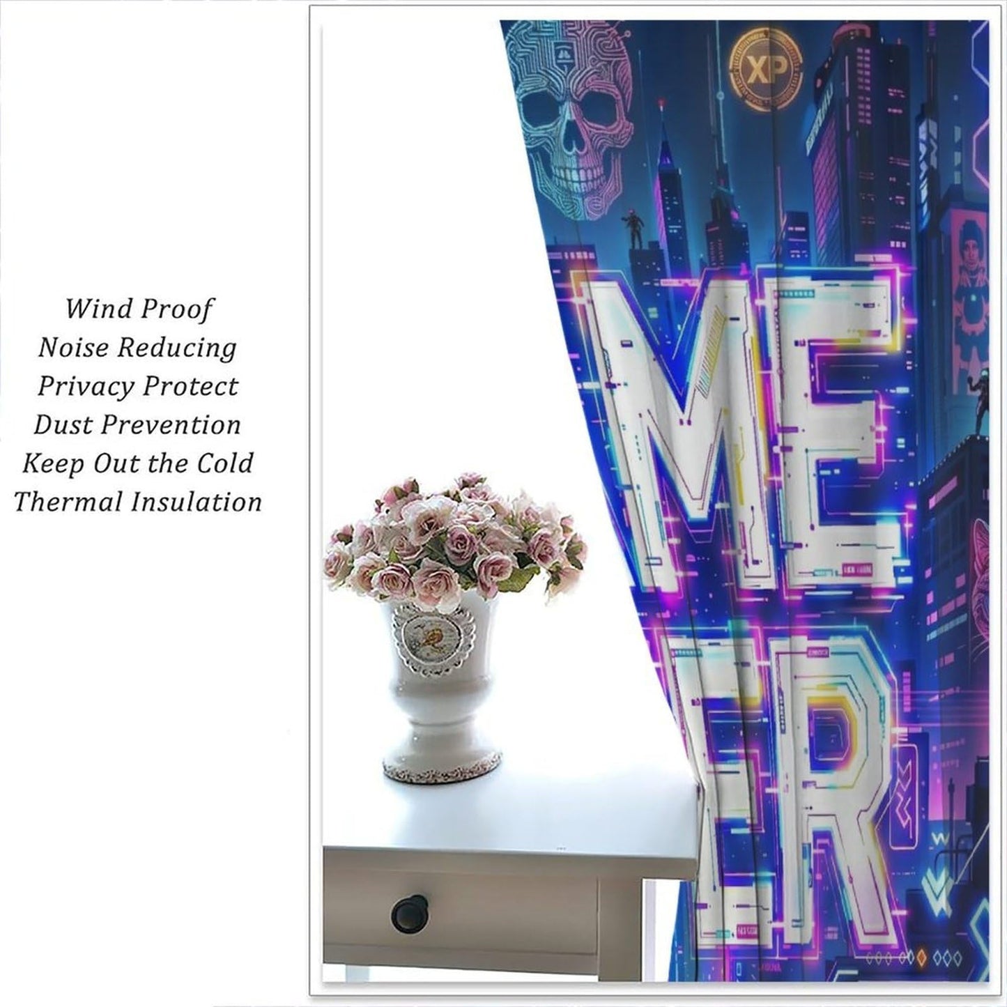 VUMIVI Game Over Curtains Cyberpunk Neon Cityscape Video Game Futuristic Tech Skull Rod Pocket Window Treatments for Boys Bedroom Gamer Room Apartment Dorms Cafe 42" W X 44.5" L