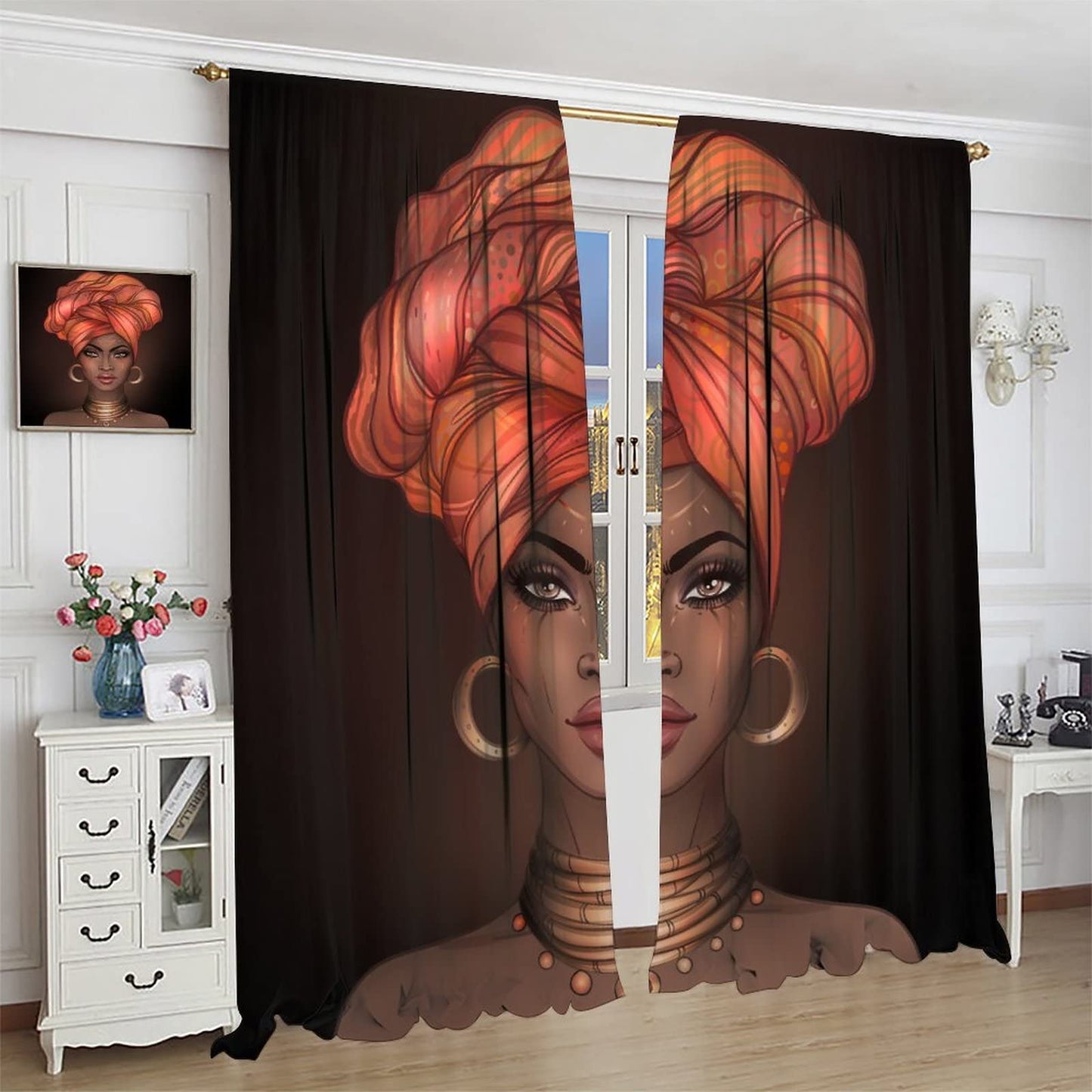 Beautiful African Woman Curtain Ethnic Tribe Black Girl Room Decor for Living Room Dining Children's Room Bedroom Blackout Rod Pocket Printed Window Drapes 42x45in