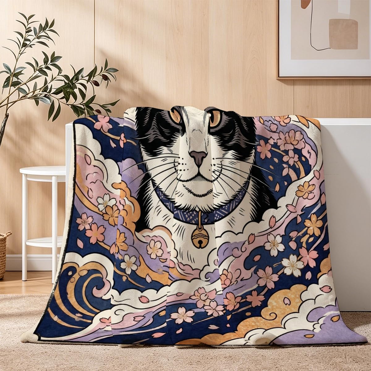 Yujiiso Japanese Ukiyo-E Tuxedo Cat Blanket Soft Throw Blanket 50" x 60"