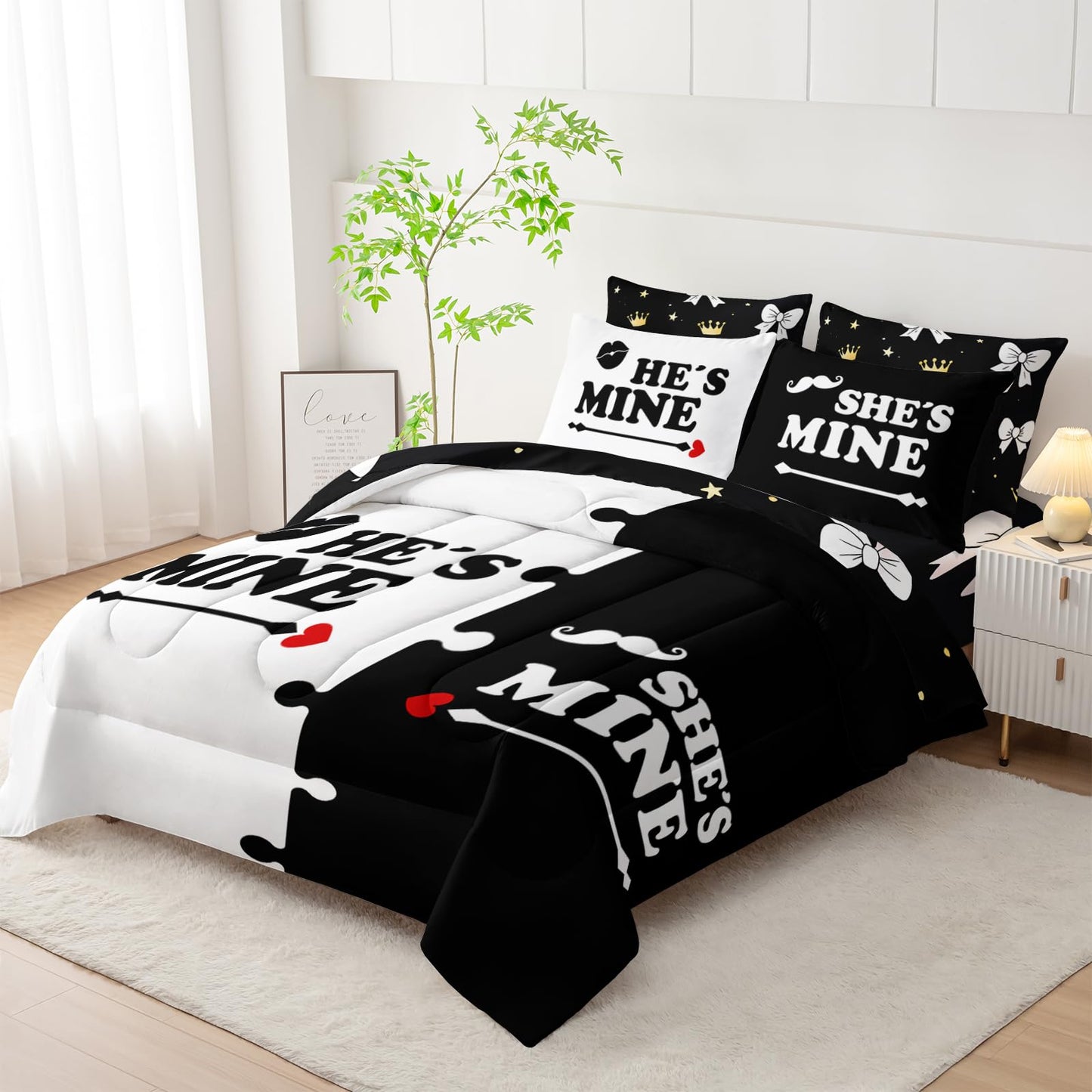 AILONEN Black and White Couple Comforter Set Full Size,7-Piece Soft Bed in a Bag,Valentine His Hers Comforter & Fitted Sheet & Flat Sheet & 2 Pillowcases,2 Pillow Shams for Bedroom
