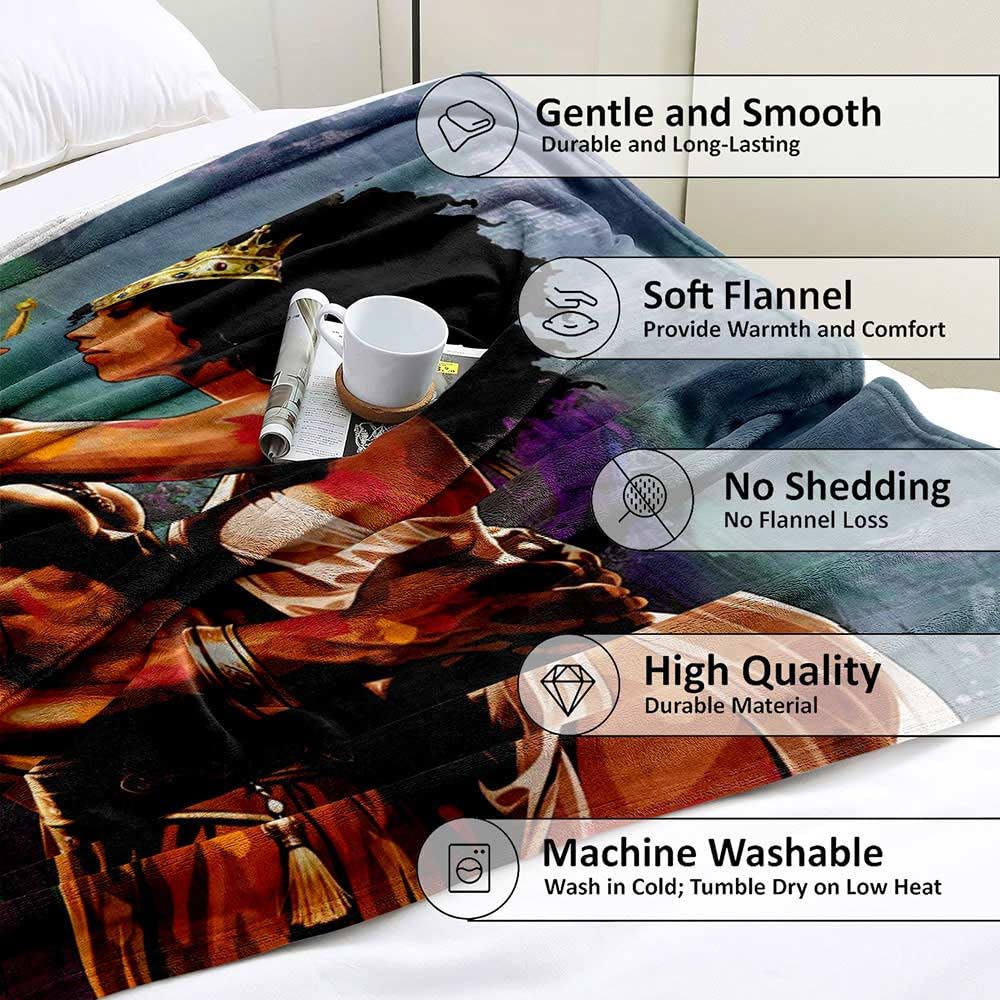 Camille&Andrew African American Throw Blanket, Oil Painting Gold Crown Afro King Queen Black Woman Man Black Couple Blanket, Cozy Soft Flannel Blanket for Couch Sofa Bed, 50"x60"