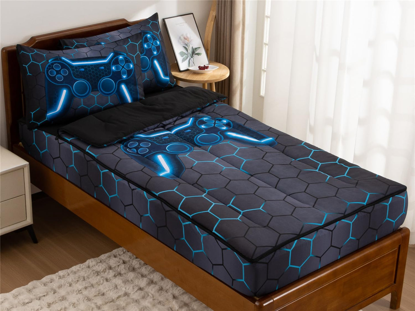 NTBED Gamer Printed Zipper Bedding Sets Twin for Kids Boys Lightweight Microfiber Geometric Comforter Set with Fitted Sheet Pillow Covers,Blue