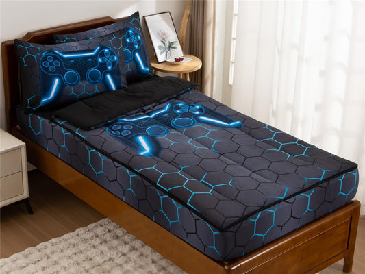 NTBED Gamer Printed Zipper Bedding Sets Twin for Kids Boys Lightweight Microfiber Geometric Comforter Set with Fitted Sheet Pillow Covers,Blue