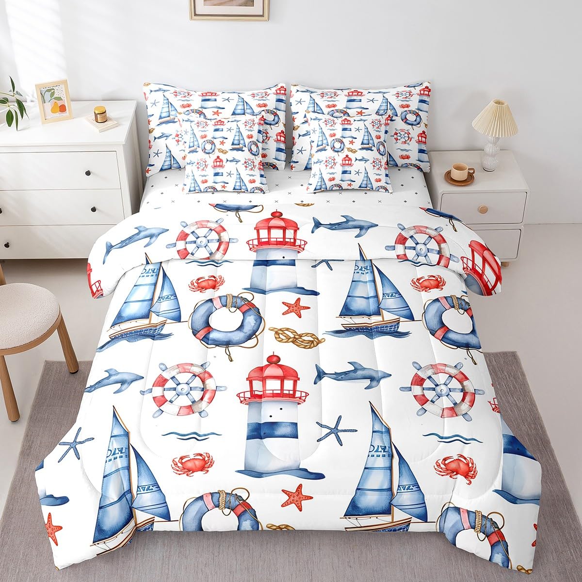 Erosebridal Lighthouse Comforter Set 7 Piece Bed in a Bag Twin,Nautical Rope Knot Bedding Sets Ocean Sailboat Steering Wheel Crab Lifebuoy Whale Sheet Set with Comforter