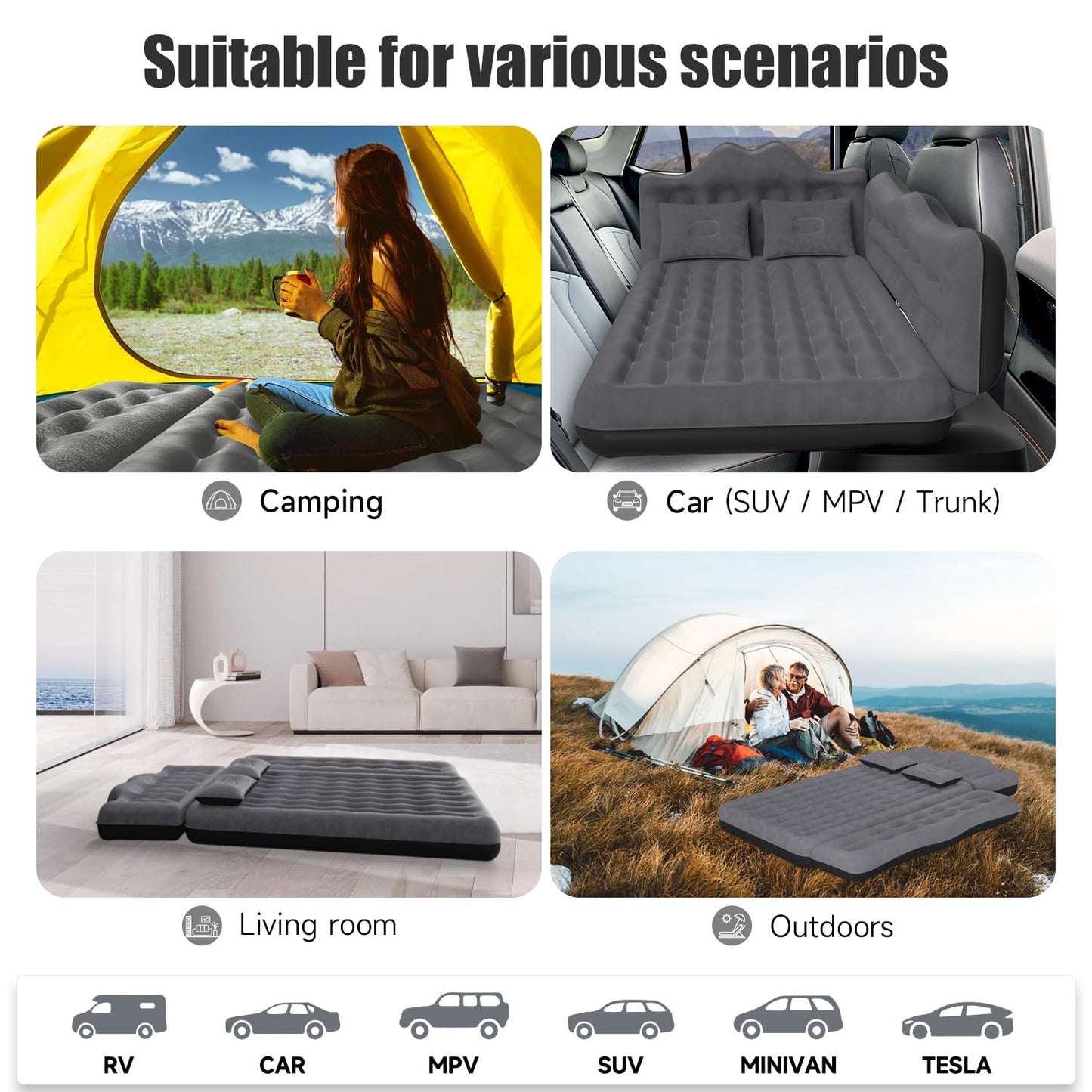 DikaSun Car Air Mattress, Inflatable SUV Truck Air Mattress Back Seat Camping Bed Thickened Car Sleeping Pad for Travel, Car Bed SUV Mattress with Air Pump 2 Pillows