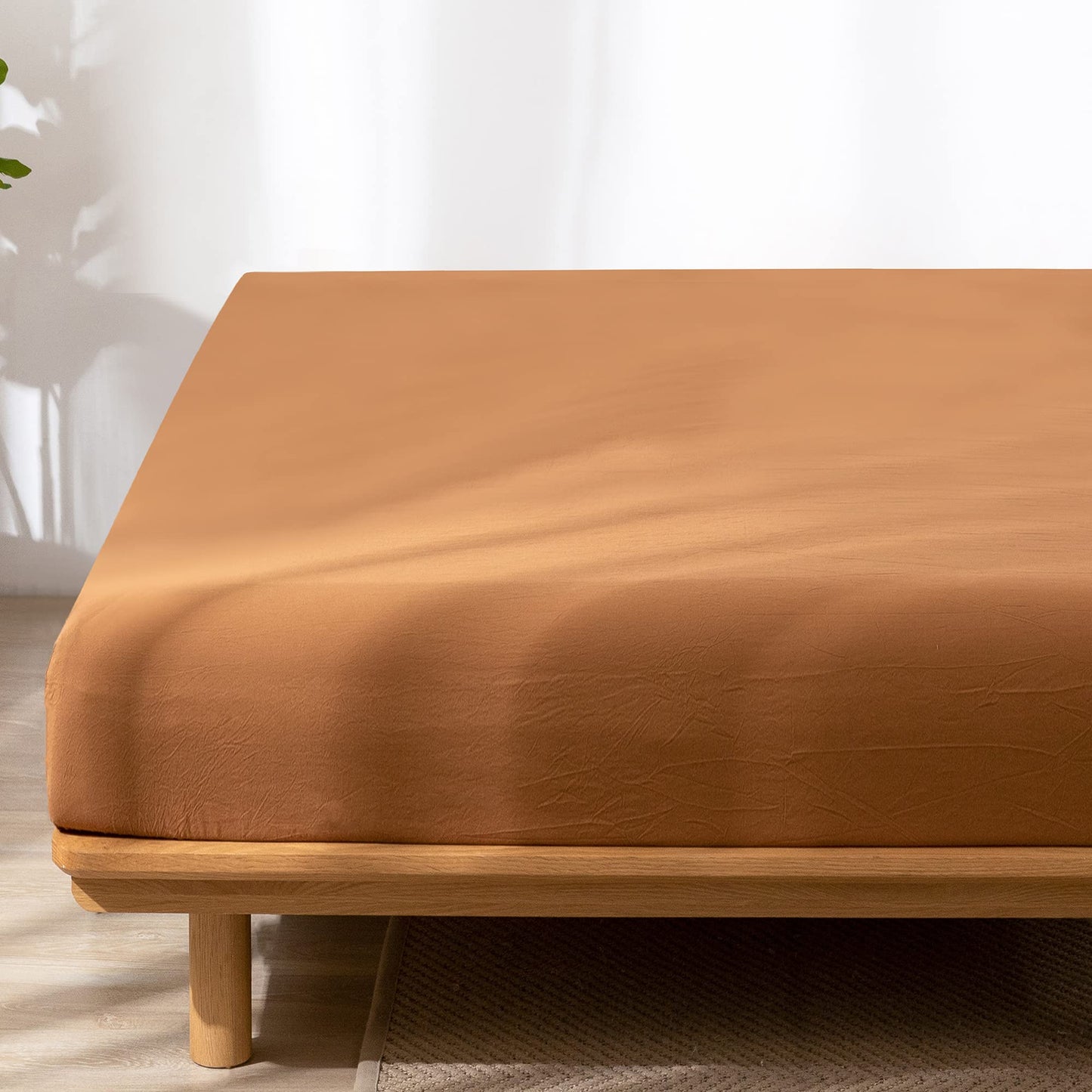 MooMee Fitted Bottom Sheet Only 100% Washed Cotton Linen Like Textured Breathable Durable Soft Comfy Deep Pocket Fits Mattress up to 17" (Dark Orange, Queen)