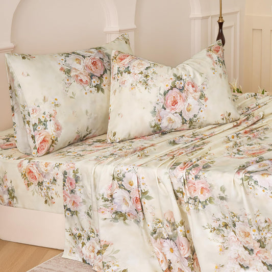 Huborise Silky Floral Bed Sheets King Size Cream 100% Cotton Blush Pink Rose Printed Sheet Set, Satin Weave Cooling Sheets for Hot Sleepers, Soft Luxury Shabby Vintage Deep Pocket Fitted Sheets 4Pcs